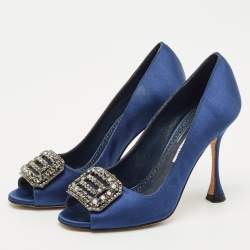 Manolo Blahnik Navy Blue Satin Matik Peep Toe Pumps Size 35