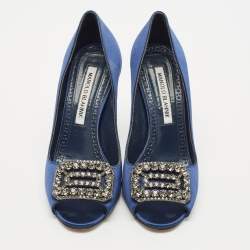 Manolo Blahnik Navy Blue Satin Matik Peep Toe Pumps Size 35