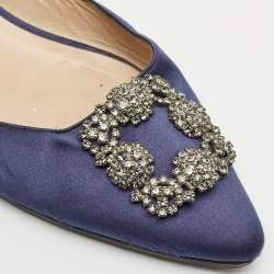 Manolo Blahnik Navy Blue Satin Hangisi Flat Mules Size 39
