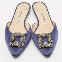 Manolo Blahnik Navy Blue Satin Hangisi Flat Mules Size 39