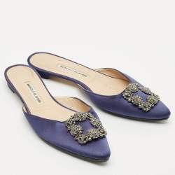 Manolo Blahnik Navy Blue Satin Hangisi Flat Mules Size 39