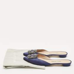 Manolo Blahnik Navy Blue Satin Hangisi Flat Mules Size 39