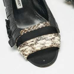 Pre Owned Manolo Blahnik Black/Beige Leather and Water snake Slingback Sandals Size 38