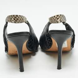 Pre Owned Manolo Blahnik Black/Beige Leather and Water snake Slingback Sandals Size 38