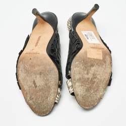 Pre Owned Manolo Blahnik Black/Beige Leather and Water snake Slingback Sandals Size 38