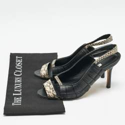 Pre Owned Manolo Blahnik Black/Beige Leather and Water snake Slingback Sandals Size 38
