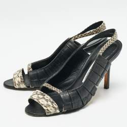 Pre Owned Manolo Blahnik Black/Beige Leather and Water snake Slingback Sandals Size 38