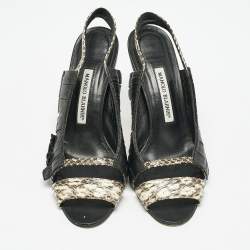 Pre Owned Manolo Blahnik Black/Beige Leather and Water snake Slingback Sandals Size 38