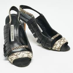 Pre Owned Manolo Blahnik Black/Beige Leather and Water snake Slingback Sandals Size 38