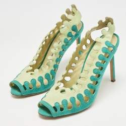 Manolo Blahnik Two Tone Cutout Suede Slingback Peep Toe Pumps Size 37.5