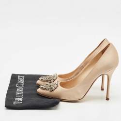Manolo Blahnik Beige Satin Okkato Crystal Embellished Pumps Size 36