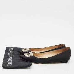 Manolo Blahnik Black Satin Hangisi Crystal Embellished Ballet Flats Size 37