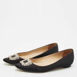 Manolo Blahnik Black Satin Hangisi Crystal Embellished Ballet Flats Size 37