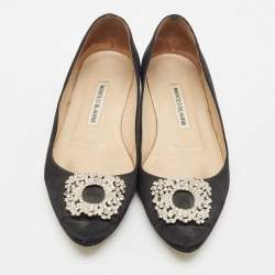 Manolo Blahnik Black Satin Hangisi Crystal Embellished Ballet Flats Size 37