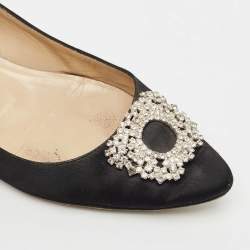 Manolo Blahnik Black Satin Hangisi Crystal Embellished Ballet Flats Size 37