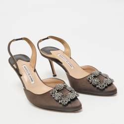 Pre Owned Manolo Blahnik Dark Green Satin Hangisli Slingback Pumps Size 40