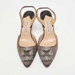 Pre Owned Manolo Blahnik Dark Green Satin Hangisli Slingback Pumps Size 40