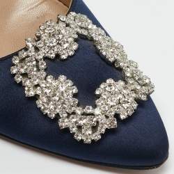 Manolo Blahnik Blue Satin Hangisi Embellished Pumps Size 39.5