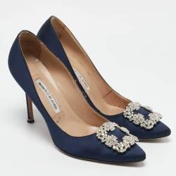 Manolo Blahnik Blue Satin Hangisi Embellished Pumps Size 39.5