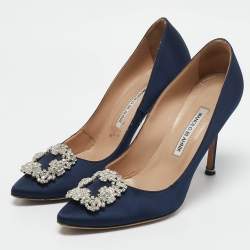 Manolo Blahnik Blue Satin Hangisi Embellished Pumps Size 39.5