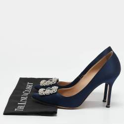 Manolo Blahnik Blue Satin Hangisi Embellished Pumps Size 39.5