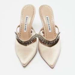 Manolo Blahnik Beige Satin Lutara Mules Size 36.5 