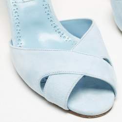 Manolo Blahnik Light Blue Suede Mumbimu Slide Sandals Size 38.5