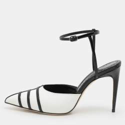Manolo Blahnik White/Black Canvas and Patent Leather Ankle Strap Sandals Size 37