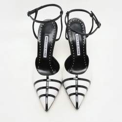 Manolo Blahnik White/Black Canvas and Patent Leather Ankle Strap Sandals Size 37