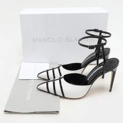Manolo Blahnik White/Black Canvas and Patent Leather Ankle Strap Sandals Size 37