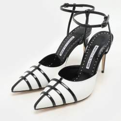 Manolo Blahnik White/Black Canvas and Patent Leather Ankle Strap Sandals Size 37