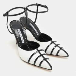 Manolo Blahnik White/Black Canvas and Patent Leather Ankle Strap Sandals Size 37