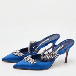 Manolo Blahnik Blue Satin Crystal Embellished Lurum Pointed Toe Mules Size 40