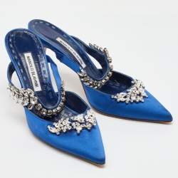 Manolo Blahnik Blue Satin Crystal Embellished Lurum Pointed Toe Mules Size 40