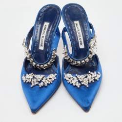 Manolo Blahnik Blue Satin Crystal Embellished Lurum Pointed Toe Mules Size 40