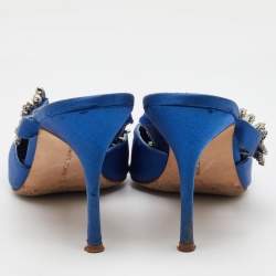 Manolo Blahnik Blue Satin Crystal Embellished Lurum Pointed Toe Mules Size 40