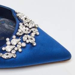 Manolo Blahnik Blue Satin Crystal Embellished Lurum Pointed Toe Mules Size 40