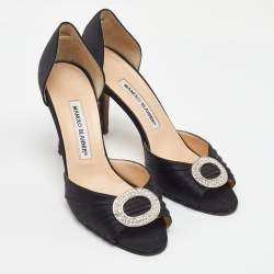 Pre Owned Manolo Blahnik Black Satin Pleated Sedaraby D'orsay Pumps Size 37.5