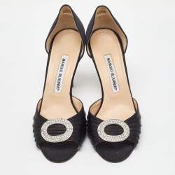 Pre Owned Manolo Blahnik Black Satin Pleated Sedaraby D'orsay Pumps Size 37.5