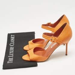 Manolo Blahnik Orange Snakeskin Embossed Leather Ankle Strap Sandals Size 38