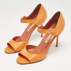 Manolo Blahnik Orange Snakeskin Embossed Leather Ankle Strap Sandals Size 38