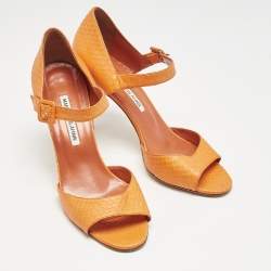 Manolo Blahnik Orange Snakeskin Embossed Leather Ankle Strap Sandals Size 38