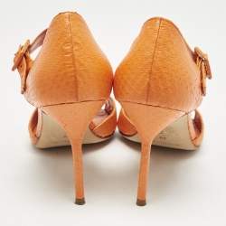 Manolo Blahnik Orange Snakeskin Embossed Leather Ankle Strap Sandals Size 38