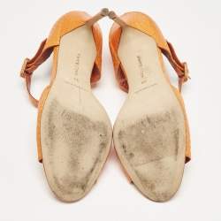 Manolo Blahnik Orange Snakeskin Embossed Leather Ankle Strap Sandals Size 38
