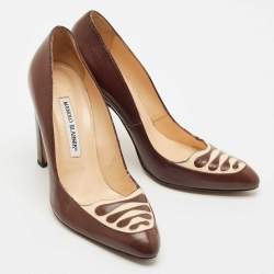 Pre Owned Manolo Blahnik Brown Leather Round Toe Pumps Size 38.5