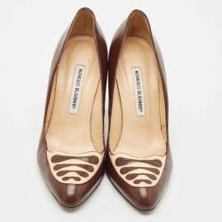 Pre Owned Manolo Blahnik Brown Leather Round Toe Pumps Size 38.5
