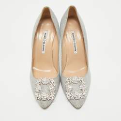 Manolo Blahnik Silver Lurex Fabric Hangisi Pumps Size 37.5