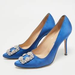 Manolo Blahnik Blue Satin Hangisi Crystal Embellished Pointed Toe Pumps Size 39.5