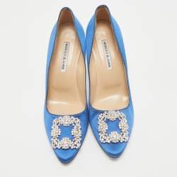 Manolo Blahnik Blue Satin Hangisi Crystal Embellished Pointed Toe Pumps Size 39.5