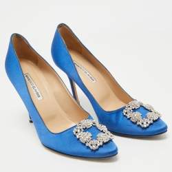 Manolo Blahnik Blue Satin Hangisi Crystal Embellished Pointed Toe Pumps Size 39.5